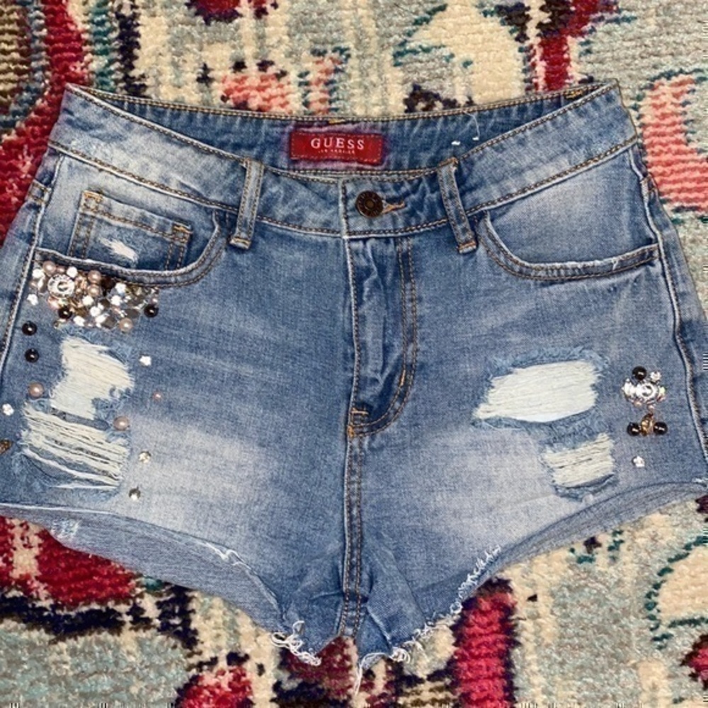 UEC Guess high rise jean shorts jeweled & distressed size 25